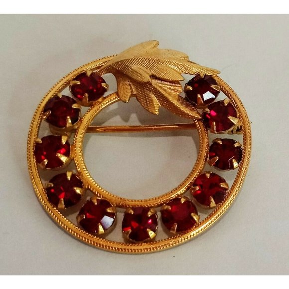DCE Round Leaves Red Stones Gold Tone 1/20 14 KT GF Vintage Brooch Pin 1" - Picture 3 of 9